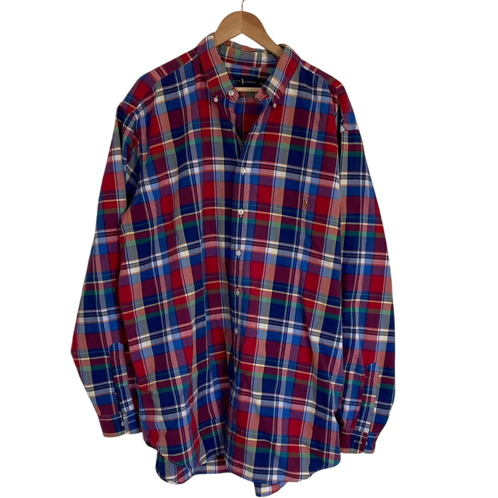 Ralph Lauren Mens Classic Plaid Button Down Shirt Size 2XLT Red Blue Brown Pony